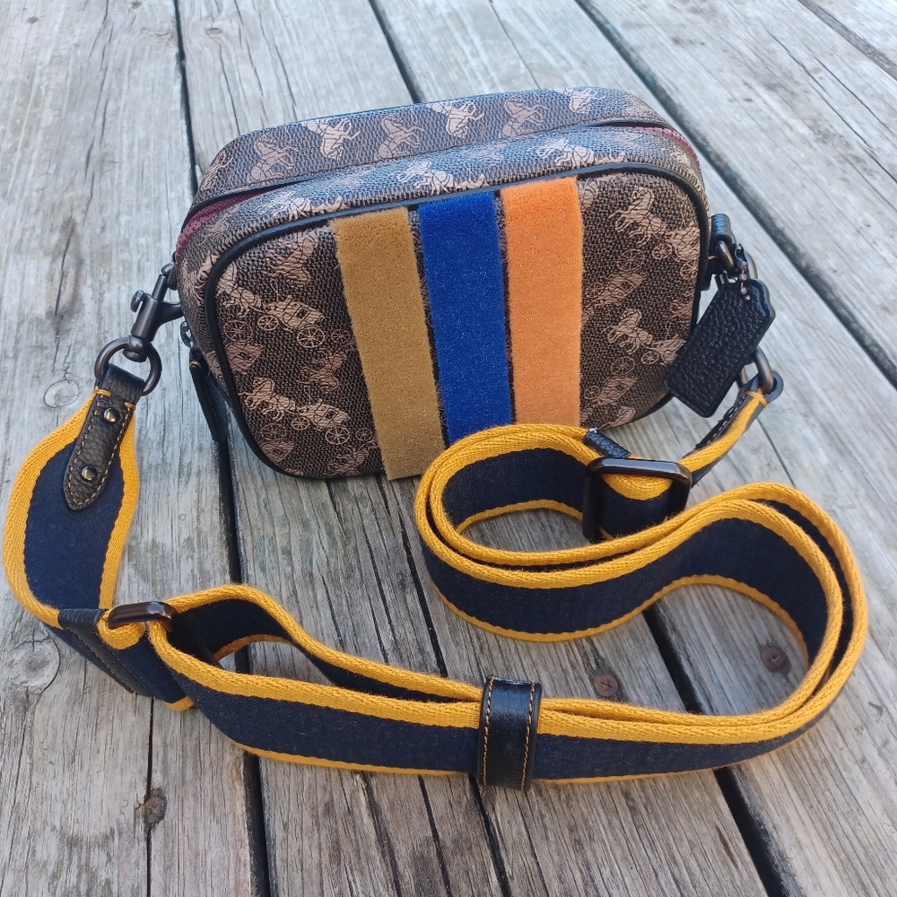 Coach Brown Signature Crossbody with Blue, Mustard and Orange Stripes
